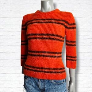 Free People Vintage Orange Black Stripe Crewneck Elbow Length Sweater Size M